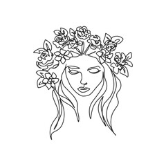 Surreal Faces one line, drawing of set faces and hairstyles, fashion concept, woman's beauty, minimalist, pretty sexy. Contemporary portraits with a positive and surrounded by flowers.