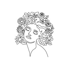 Surreal Faces one line, drawing of set faces and hairstyles, fashion concept, woman's beauty, minimalist, pretty sexy. Contemporary portraits with a positive and surrounded by flowers.