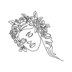 Surreal Faces one line, drawing of set faces and hairstyles, fashion concept, woman's beauty, minimalist, pretty sexy. Contemporary portraits with a positive and surrounded by flowers.