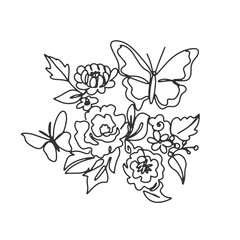 Obraz premium continuous line one line bouquet flower bush butterfly flora nature valentine hand drawn illustration vector