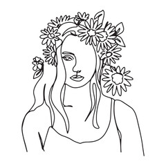 Surreal Faces one line, drawing of set faces and hairstyles, fashion concept, woman's beauty, minimalist, pretty sexy. Contemporary portraits with a positive and surrounded by flowers.