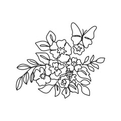 Fototapeta premium continuous line one line bouquet flower bush butterfly flora nature valentine hand drawn illustration vector