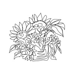 continuous line one line basket sunflower flower bush hand drawn illustration vector