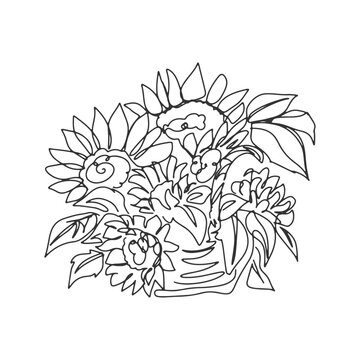continuous line one line basket sunflower flower bush hand drawn illustration vector