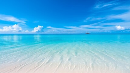 Fototapeta na wymiar A tranquil beach scene with a crystal clear ocean, white sand and bright blue sky. Generative AI.