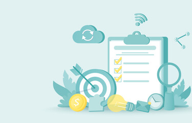 Business ideas concept. Clipboard checklist, tick questionnaire. Symbolic elements of project management, insurance policy, planning, thinking. Flat vector design illustration with copy space.