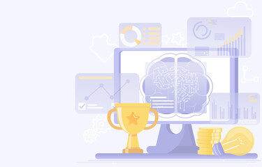 Business ideas concept. Brainstorming and analyzing of AI technology, exploring opportunity, creativity, strategy planning, innovation to achieve business success. Flat vector illustration.