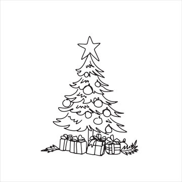 continuous line one line Christmas tree star decorated with presents beside Christmas hand drawn illustration vector