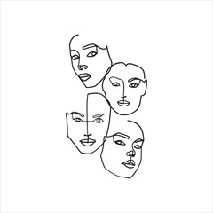 Surreal Faces Continuous line, drawing of set faces and hairstyle, fashion concept, woman beauty minimalist, vector illustration pretty sexy. Contemporary portrait