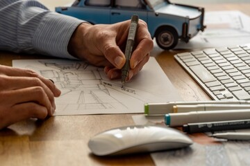 Interior design sketching, architect designer, interior decorator creates the sketch of a living...