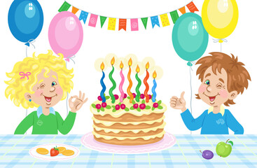 Happy birthday! Funny boy and cute girl at the table with a big cake with candles. Room is decorated with flags and balloons. In cartoon style. Isolated on white background. Vector illustration.