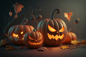 The concept of fear and horror. Scary pumpkins in the dark night.