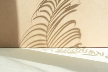 Tropical leaf shadow blank background composition for product presentation. The background is beige. Nude Studio Minimal showcase.