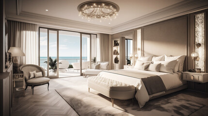 Luxurious master bedroom with king-size bed and ocean view through window. AI generated.