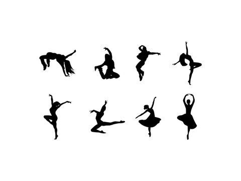 Girl dancing silhouettes vector. Set of silhouettes of ballerinas beauty dancing on white background. Ballerina silhouette ballet dance poses. Vector illustration.