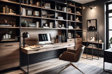 Home office with large desk, ergonomic chair, bookshelves. AI generated.