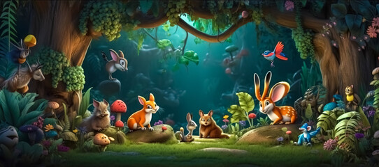 fairytale fantasy magic forest with animals, banner with copy space, made with Generative AI