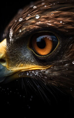 Closeup of the eye of an impressive bald eagle. A portrait of a bald eagle with a dark background. Realistic 3D illustration. Generative AI