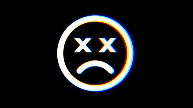 Intentional RGB distortion effect: a fast shaking animation, with the symbol of a sad face (crossed eyes). White shapes over a black background.
