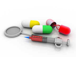 3d render of dna structure with capsule near Syringe