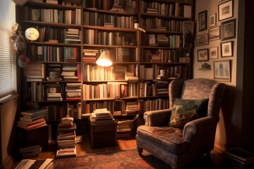 Cozy reading nook with comfortable chair, spot light and large library. AI generated.