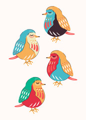 Set of birds in modern trendy design. Colored animals. Vector stock illustration. isolated. hand drawn. Doodle. Robin