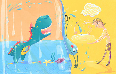 The water cycle in nature - Dinosaur roar in a bottle of water. The explanation of the teacher plus the fantasy of the student. Children's cartoon illustration