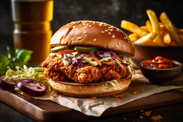 Crispy fried chicken sandwich with lettuce, tomato on dark background. AI generated. - 605406120
