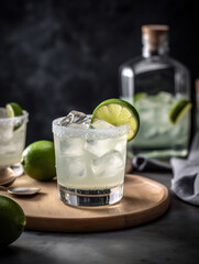 Margarita cocktail in a light, airy white kitchen. Margarita cocktail classic tequila drink with lime juice in salt rim cocktail glass and lime slice. Realistic 3D illustration. Generative AI