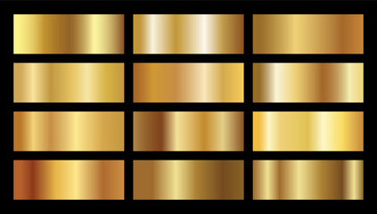 Set of gold foil texture background. Golden, copper, brass and metal gradient template. Vector golden, copper, brass and metal gradient template.