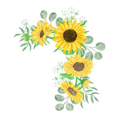 Watercolor sunflower and eucalyptus leaves bouquet. Yellow flowers for rustic wedding design, thanksgiving decoration, fabric, greeting cards, ets. Isolated on white background