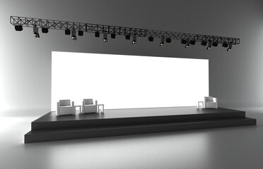 Conference Stage Designs. Meeting event scene, party scene design. Empty stage design for mockup and corporate identity, display. Platform elements in hall. 	