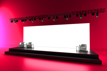 Meeting event scene, party scene design. Empty stage design for mockup and corporate identity, display. Platform elements in hall. 3d rendering. 