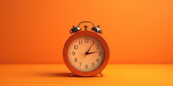 Retro alarm orange clock on orange background, copy space,  generative ai