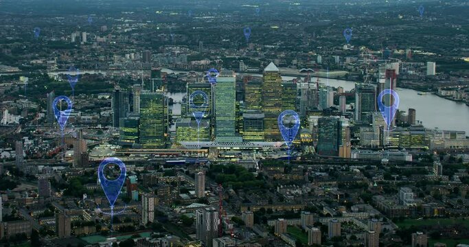 
Aerial Smart City. Localization Icons in Connected Futuristic City.  Technology Concept, Data Communication, Artificial Intelligence, Internet of Things. London Skyline.