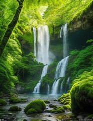Naklejka na ściany i meble Majestic Waterfall in a Lush Forest