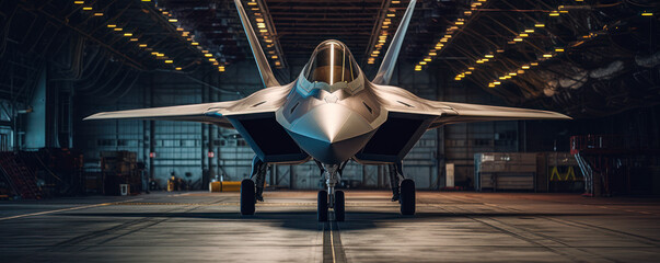 F-22 Raptor parked inside a military hangar. Generative AI - obrazy, fototapety, plakaty