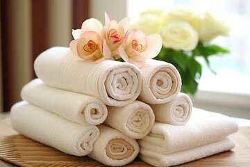 Fototapeta na wymiar spa towels arranged on white tray with a bouquet of flowers Generative AI