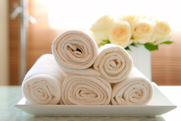 Obraz na płótnie Canvas spa towels arranged on white tray with a bouquet of flowers Generative AI