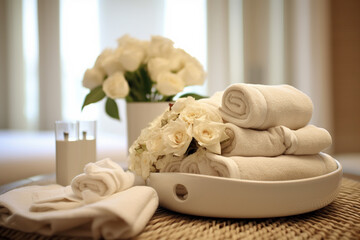 spa towels arranged on white tray with a bouquet of flowers Generative AI