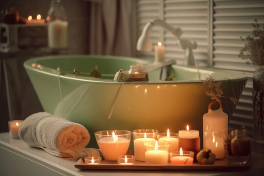 a white tub with candles and body lotions Generative AI