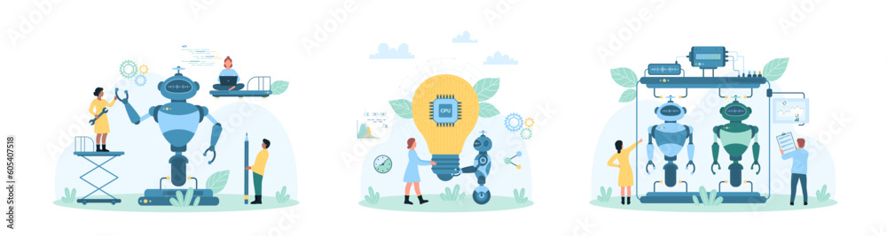 Wall mural robot programming, machine learning set vector illustration. cartoon tiny people research high tech 