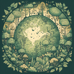 Illustration with green earth globe in center surrounded green trees, plants. AI generated
