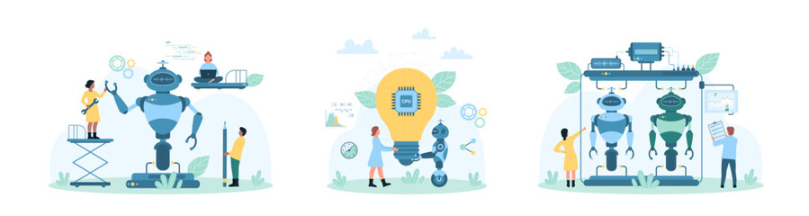 Robot programming, machine learning set vector illustration. Cartoon tiny people research high tech AI systems in industry, engineers building futuristic cyborgs with digital brain in laboratory