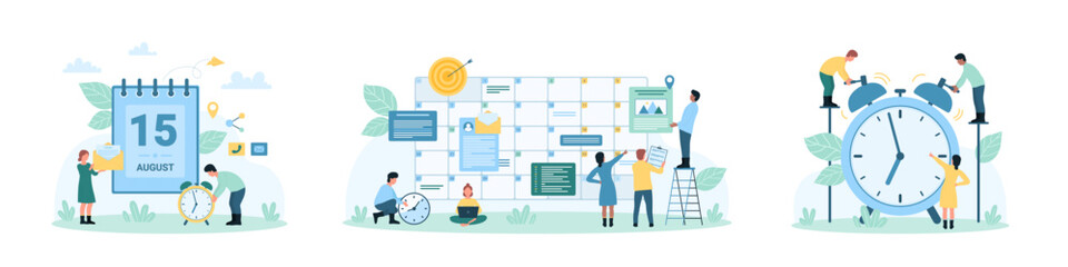 Time management set vector illustration. Cartoon tiny people work with paper calendar and schedule timetable, notice about deadline, business appointment and agenda with bell notification in clock