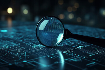 Data analysis, search engine optimization or SEO. magnifier, charts, graphs. ultraviolet and neon screen. AI generative