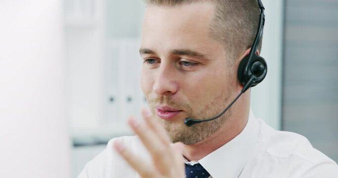 Call center man, talk or contact us by computer on headset, microphone and smile for consulting job. Crm, telemarketing consultant or agent with customer service, tech support and help desk in office