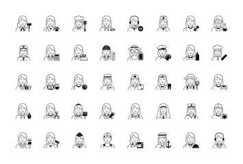 Women icons. 40 characters set. Occupations. Professions. Human resources Vector Illustration.
