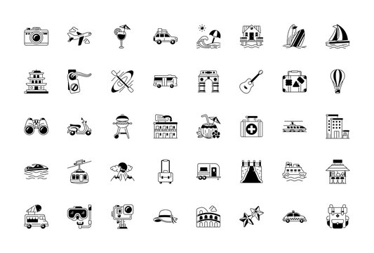 Travel icons set. Universal travel icons to use for web and mobile UI app, set of basic UI travel elements
