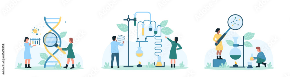 Wall mural science research set vector illustration. cartoon tiny people looking through magnifying glass at dn